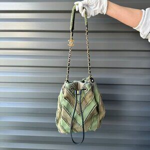 CHANEL 2017 Green Khaki Canvas Chevron Coco Cuba Patchwork Denim Bucket Bag